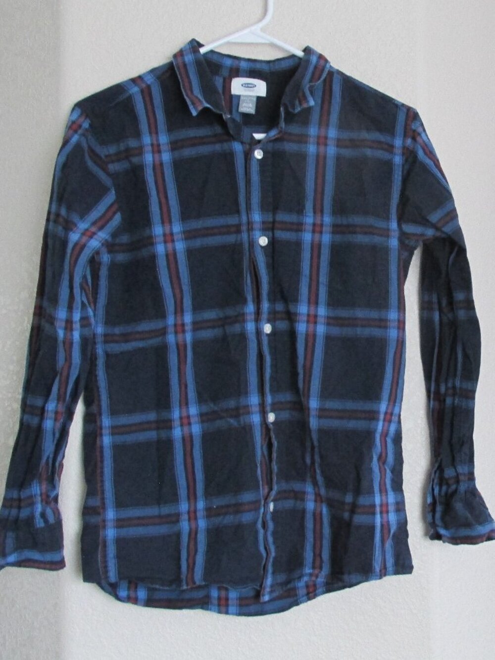 Old Navy Button Front Dress Shirt Youth Boys XXL 18 Reg Blue Plaid Long Sleeve